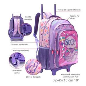 Mochila Carro Think Happy Print Meow Power Con Lentejuelas 18"