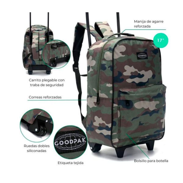 Mochila Goodpak Con Carro Rueda Doble Camuflado Verde 17"