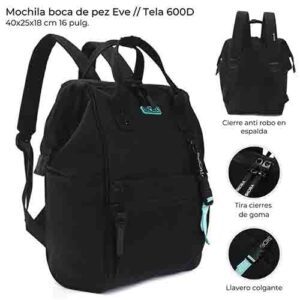Mochila Boca De Pez Eve Con Llavero Correa 40x25x18 Cm