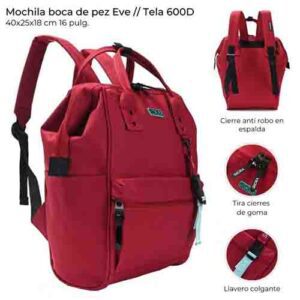 Mochila Boca De Pez Eve Con Llavero Correa 40x25x18 Cm
