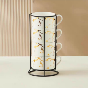 MT09936 TAZA CERAMICA MARMO BLANCO X 4 APILABLE