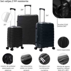 Set De Valijas Wander Urban Mode Hard PP Negro 20 24 Y 28 Pulg.