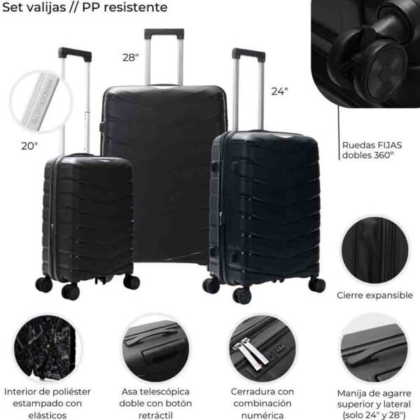 Set De Valijas Wander Urban Mode Hard PP Negro 20 24 Y 28 Pulg.