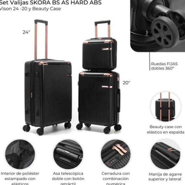 Set Valijas Skora BS AS Hard ABS Negro 24" Y 20" Estuche de Belleza
