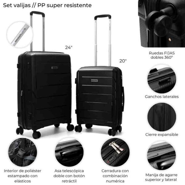 Set Valijas Wanderlust Urban Hard PP Negro 24 y 20 Pulg. doble rueda